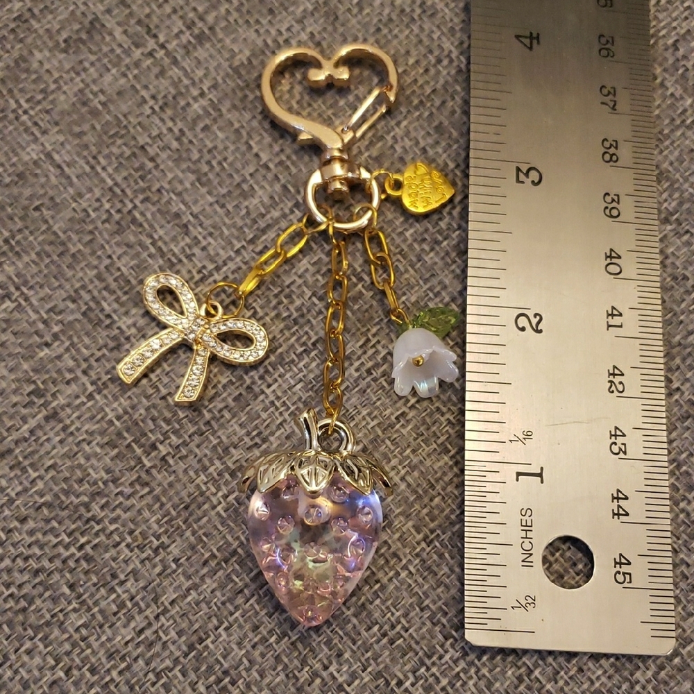 Gold and Pink Strawberry Bag Charm Keychain - Picture 4 of 4
